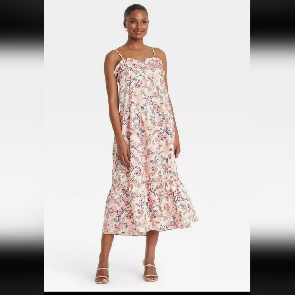 Tea Party Blooms Ruffle Floral Pockets Dress XL CREAM